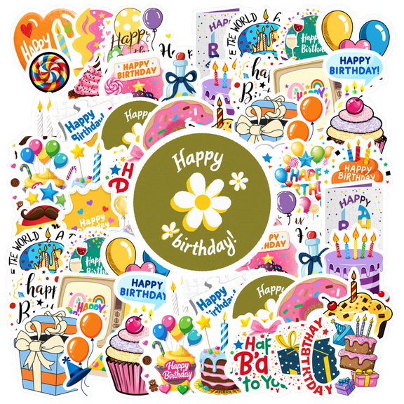 35pcs Colorful Stickers Birthday Stickers Cartoon Stickers Celebration Stickers for Laptops Notebooks Suitcases