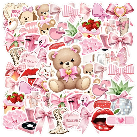 35pcs Cute Animal Stationery Stickers Pink Ribbon Teacher Stickers Flowers Graffiti for Laptops Notebooks Suitcases