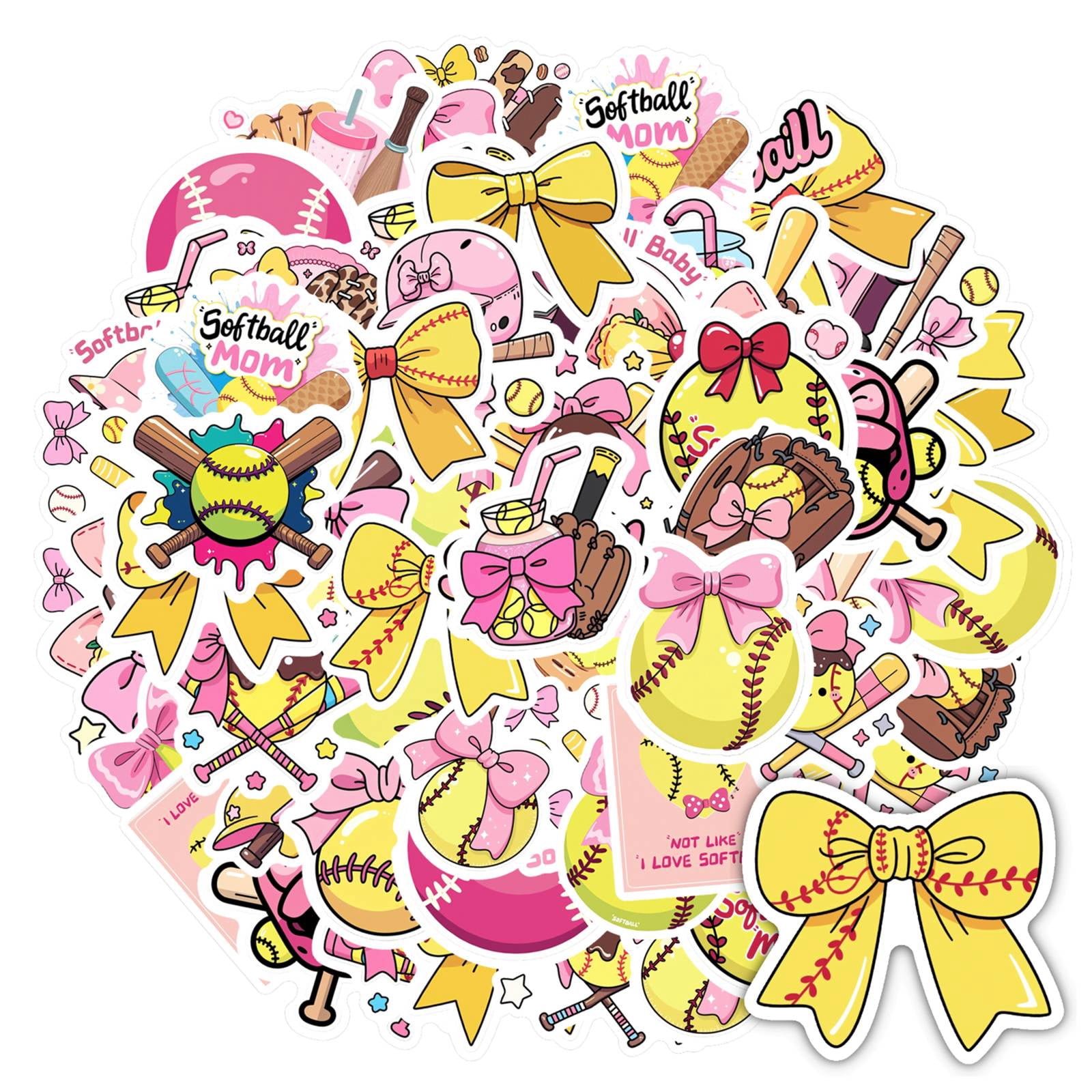 Sofball Ribbon Sticker 35pcs Cute Softball Stickers Pink Bows Sports Stickers Children ...