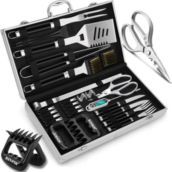 35pcs Deluxe Grilling Gifts Set for Birthday Fathers Day Stainless Steel BBQ Accessories Kit for Men Dad Professional Grill Tools Utensils with Scissors Meat Claws in Aluminum Case Black