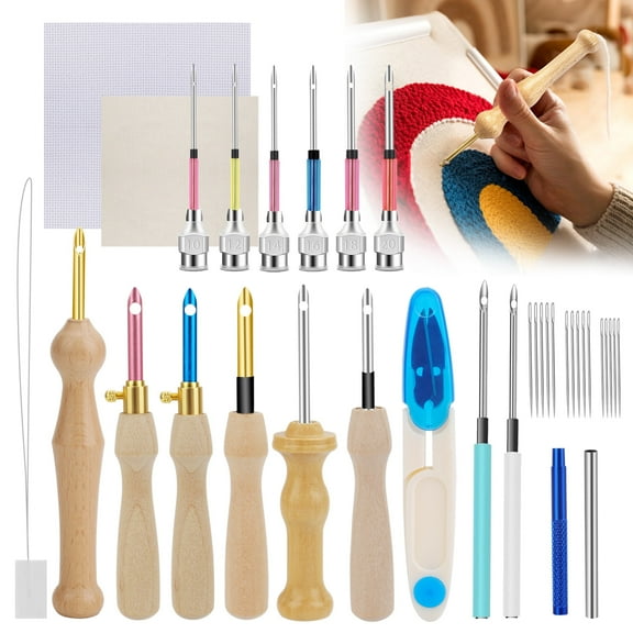 35pcs Embroidery Punch Needle Kits for Beginners, EEEkit Adjustable Wooden Handle Punch Stitching Tool