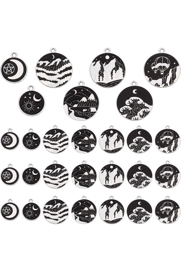 35pcs Enamel Charms Alloy Black White Charms 7 Styles Flat Round Charms Mountain Pendant Dark Night Charms Romantic Theme Pendant for DIY Jewelry Making Earrings Necklaces 20/26mm(0.7/1inch)
