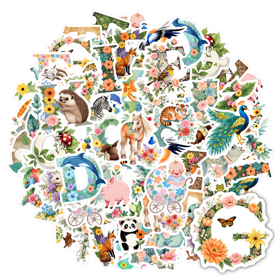 35pcs Floral Alphabet Stickers Animal Decals Cute Stickers for Laptops Phones Suitcases