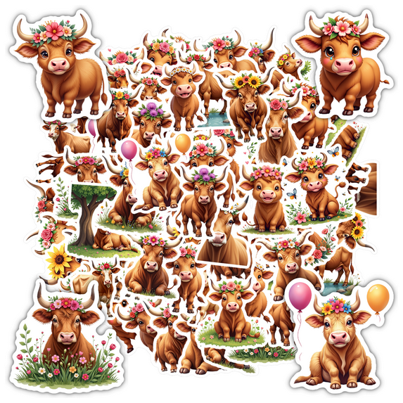 35pcs Floral Stickers Cow Animal Stickers Cute Stickers for Notebooks Laptops Suitcases