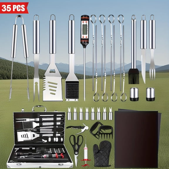 35pcs Heavy-Duty Stainless Steel BBQ Grill Set | With Thermometer, 2 Grill Mats & Aluminum Case | Complete Outdoor/Camping/Backyard Grilling Kit | Perfect Gift for Dad, Men & BBQ Enthusiasts