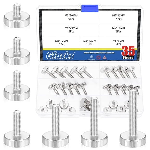 35pcs M5 x 8/10/12/16/20/25/30MM Knurled Round Thumb Screws, Fully Threaded Thumb Screw Bolts, Flat Knurled Head Thumb Screws Bolts, Shoulder Grip Knobs Fasteners for Electronic, Mechanical