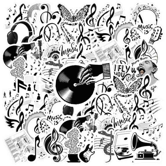35pcs Monochrome Stickers Stationery Stickers Musical Headphones Waterproof Graffiti Vinyl Music Stickers for Laptops Notebooks Suitcases