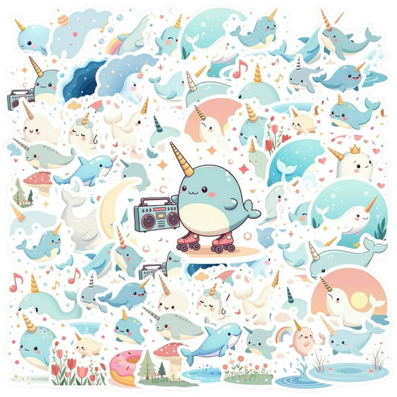 35pcs PVC Kids Stickers Ocean Animal Stationery Stickers Narwhal Teacher Reward Stickers for Luggage Phone Laptop