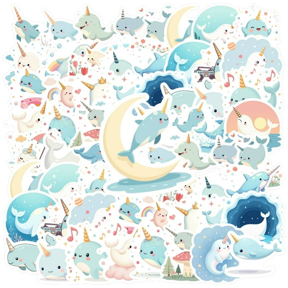 35pcs PVC Kids Stickers Ocean Animal Stationery Stickers Narwhal Teacher Reward Stickers for Luggage Phone Laptop