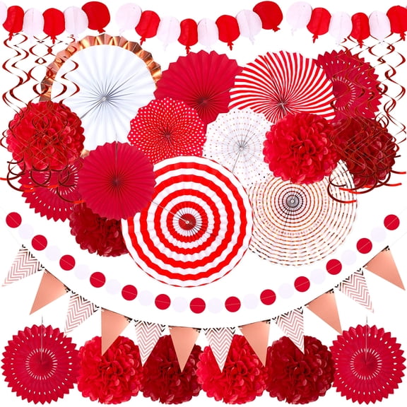 35pcs Party Decorations Paper Fan Hanging Set - Birthday Wedding Shower Circus Festival Decor (red)