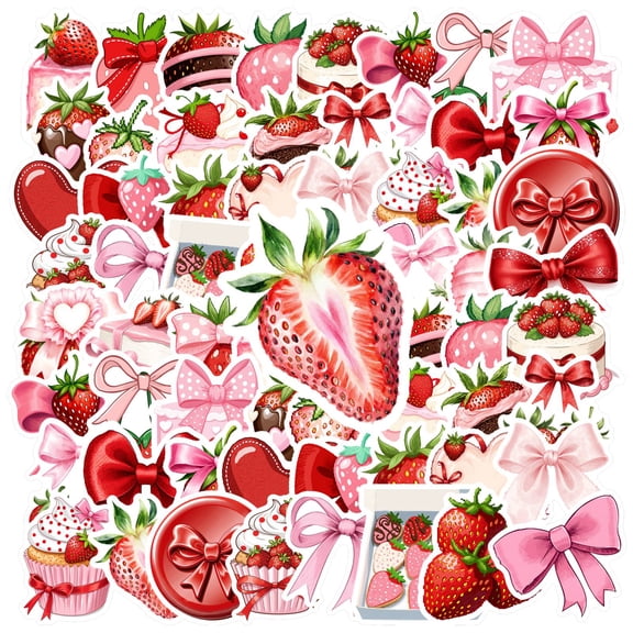 35pcs Red Strawberry Stickers Bow Kids Stickers  Heart Stationery Stickers for Laptops Suitcase Fridge