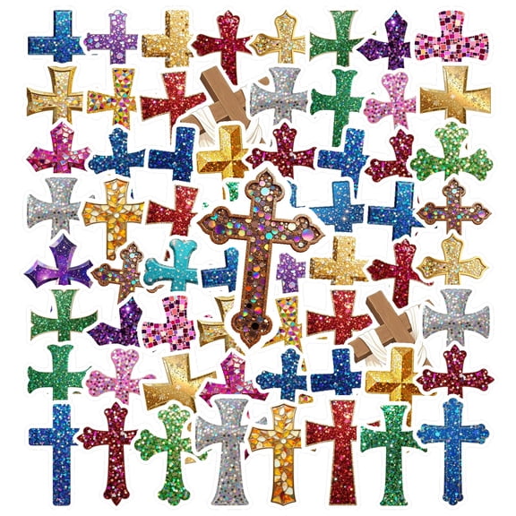 35pcs Sparkling Cross Stickers Religious Holographic Stickers PVC Stickers for Luggage Guitar Car