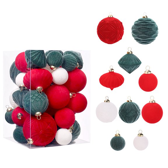 35pcs Velvet Christmas Ball Ornaments Set Flocked Christmas Hanging Ornaments Assortment for Xmas Tree Holiday Decor
