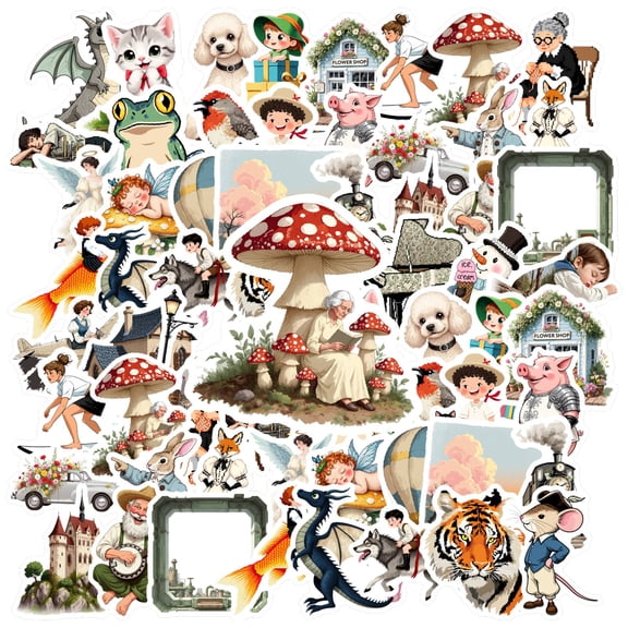 35pcs Vintage Animal Stickers Fantasy Fairy Stickers Cartoon Decals for Luggage Notebooks Guitar