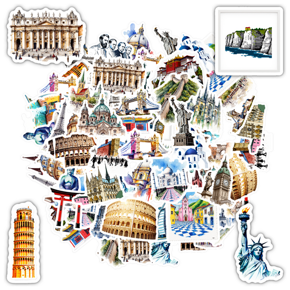 35pcs Watercolor Stickers Landmarks Architecture Stickers PVC Stickers for Laptops Suitcase Notebooks