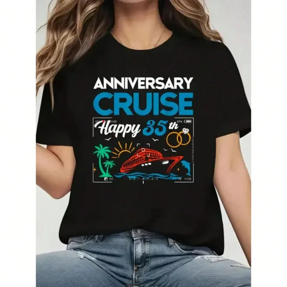 35th Anniversary Ship Printed Vacation T-shirt, Women's Casual Sports Top