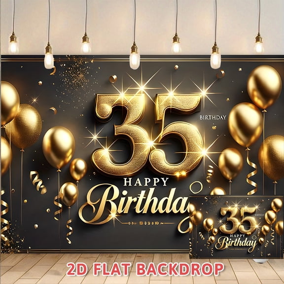 35th Birthday Backdrop Black and Gold, Adult Birthday Party Decoration Background, Photo Booth Backdrop for Birthday Banquet Celebration, Party Atmosphere Decor Banner