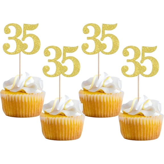 35th Birthday Cupcake Toppers 12 PCS, Gold Glitter Number 35 Cupcake Picks for 35th Birthday Party Decorations