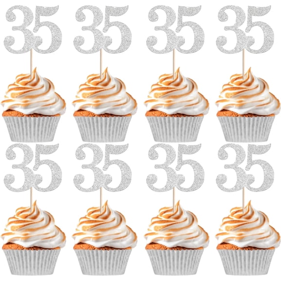 35th Birthday Cupcake Toppers 12 PCS, Silver Glitter Number 35 Cupcake Picks for 35th Birthday Party Decorations