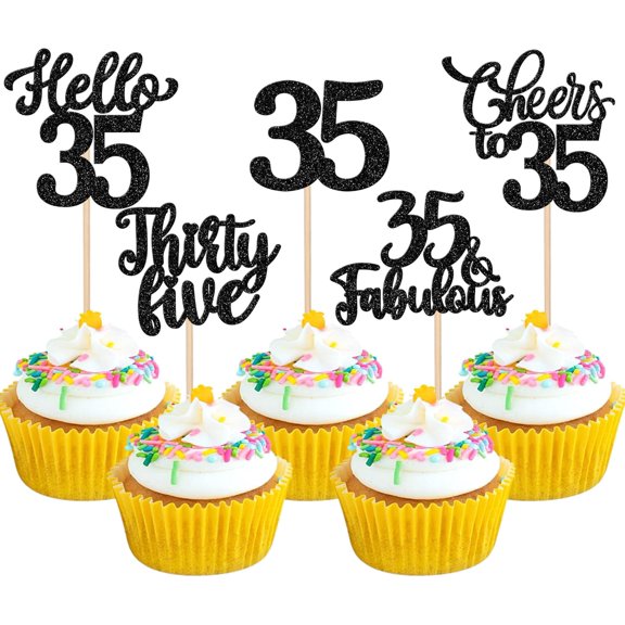 35th Birthday Cupcake Toppers - Black Glitter Hello 35 Cheers to 35 Thirty Five & Fabulous Cupcake Picks for 35th Birthday Party Decorations, Pack of 10