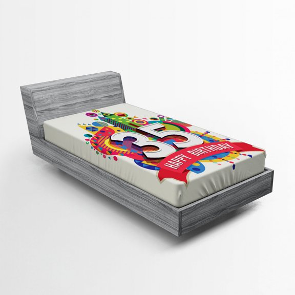 35th Birthday Fitted Sheet, Middle Age Theme Greeting Present Number Fun Joy Colorful Geometric Design, Soft Decorative Fabric Bedding, Twin XL Size, Multicolor, by Ambesonne