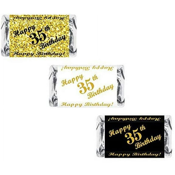 35th Birthday Miniatures Candy Bar Wrapper, (Set of 60) Mini Candy Bar Stickers; 3 Designs: 24 Gold, 24 Black, 12 White, Candy Not Included