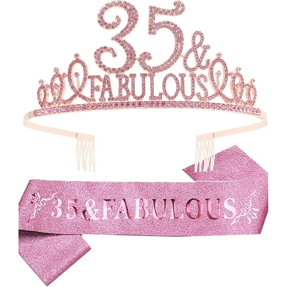 35th Birthday Sash and Tiara for Women - Fabulous Glitter Sash + Fabulous Rhinestone Pink Premium Metal Tiara for Her, 35th Birthday Gifts for 35 Party
