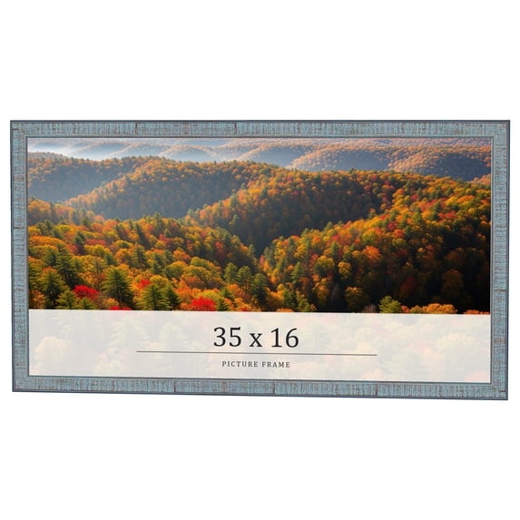 35x16 Frame Blue Scuffed Farm Board Solid Wood Picture Frame Width 0.75 Inches | Interior Depth 0.5