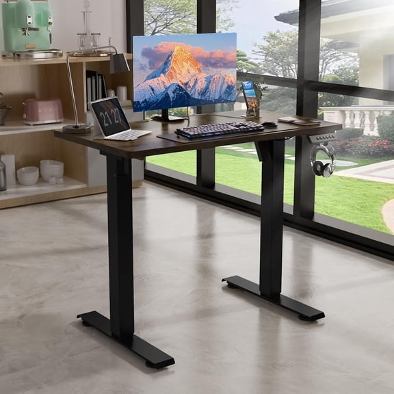 35x20 Electric Standing Desk Converter Adjustable Height Sit Stand Motorized Office Workstation with Rustic Brown Finish