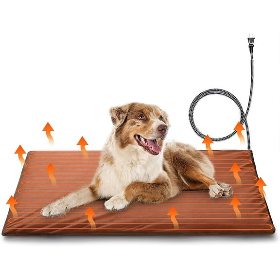 35x24” Large Pet Heating Pad, Electric Heated Dog Bed for Large Breeds, Air Valve Design, Anti-Bite Cord, Ultra-Soft and Anti-Slip Cover, Outdoor and Indoor Use, UL Test Passed, Brown