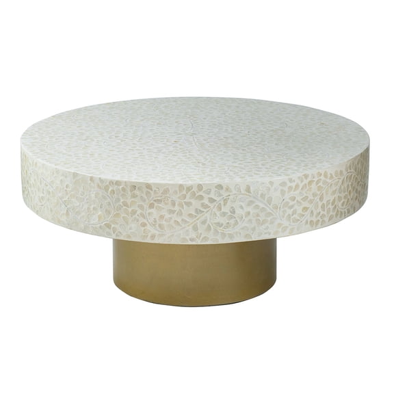35x35x16" Unique Cream Capiz Coffee Table with Gold Pedestal Base