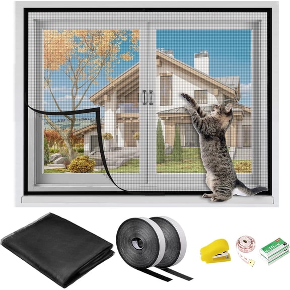 35x55 Inch Window Screen Fibreglass DIY Self-Adhesive, Mesh Curtain Adjusting Netting with Hook and Sticky Tape, Fitted to Multiple Windows for Anti Bugs Mosquito, Anti Pet Scratch (1Pack,Black)