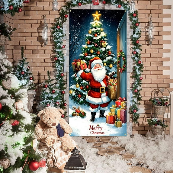 35x71 Inch Santa Claus Christmas Door Cover - Polyester Holiday Decor for Front Door/Table/Wall (Multicolor)