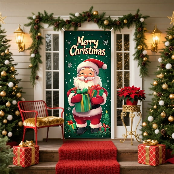 35x71 Inch Santa Claus Door Cover - Christmas Front Door Decorations, Holiday Party Decor, Waterproof Polyester Tablecloth for Festival Party, Indoor Outdoor Decor (Multicolor)