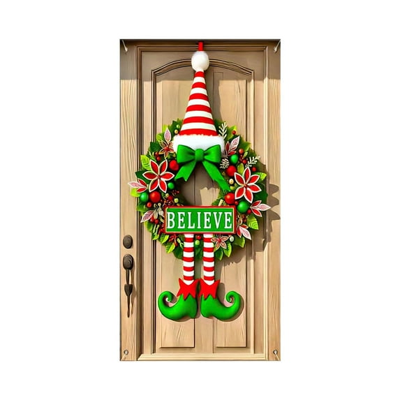 35x71in Christmas Door Cover – Polyester Xmas Door Curtain with Bowtie Print for Front Door or Wall – Holiday Party Decoration