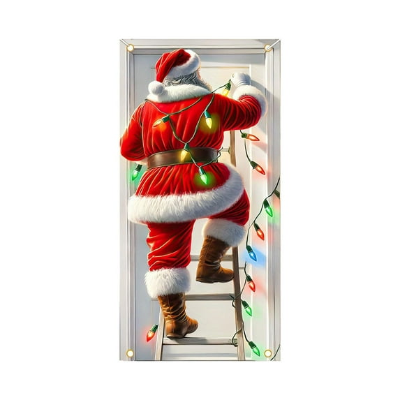 35x71in Christmas Door Cover – Polyester Xmas Door Curtain with Bowtie Print for Front Door or Wall – Holiday Party Decoration