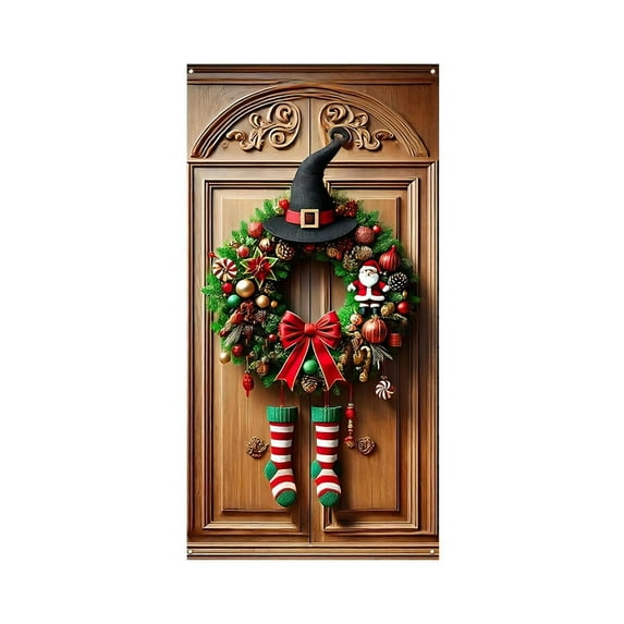 35x71in Christmas Door Cover – Polyester Xmas Door Curtain with Bowtie Print for Front Door or Wall – Holiday Party Decoration