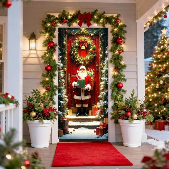 35x72 Inch Christmas Door Cover - Santa Claus Polyester Curtain for Front Doors, Waterproof Holiday Decor with Adjustable Ropes, Festive Party Tablecloth & Wall Decor