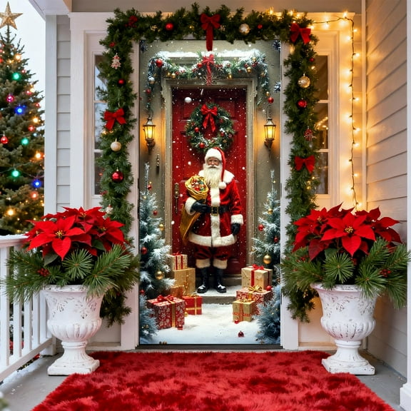 35x72 Inch Christmas Door Cover - Santa Claus Polyester Curtain for Front Doors, Waterproof Holiday Decor with Adjustable Ropes, Festive Party Tablecloth & Wall Decor