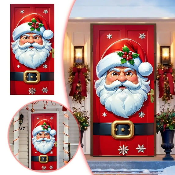 35x79 Inch Elastic Christmas Wreath Door Cover, Stretchable Fabric Holiday Front Door Wrap with Bow, Festive Winter Entryway Banner Decoration for Home Outdoor Party