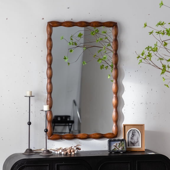 36.02 inches by 24.02 inches Solid Wood Swirl Frame Wall-Mounted Full-Length Mirror, Brown | Mid-century modern decorative accent piece for bedroom, living room, and entryway