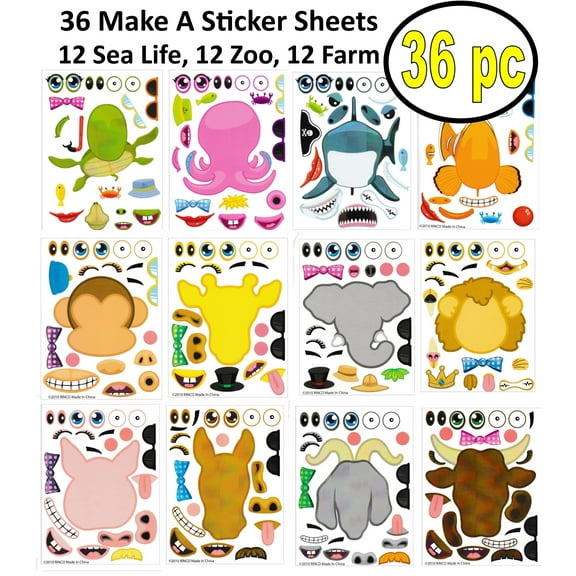 36 (12 Farm, 12 Zoo & 12 Sea Life) Kids Make a Sticker Scene Sheets - Great for Kid's Easter Basket, Stocking Stuffers and Birthday Party Favors, Stickers for Kids