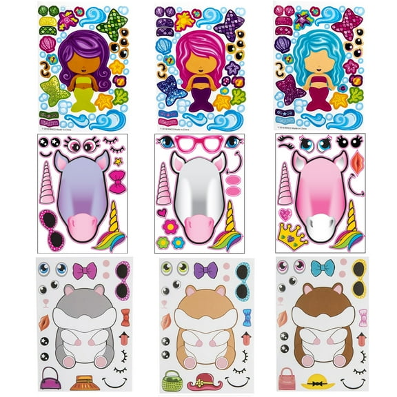 36 (12 Unicorn, 12 Mermaid & 12 Hamster Stickers) Girls Make a Sticker Scene Sheets - Great for Kid's Easter Basket, Stocking Stuffers and Birthday Party Favors