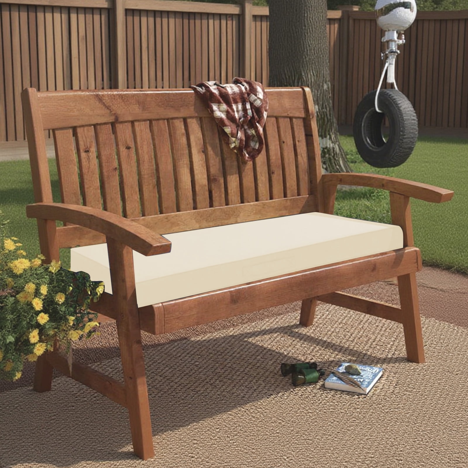 Galenzoov 36×18 inch Outdoor Bench Cushion, Memory Foam Patio Bench Cushion for Outdoor Furniture Waterproof, Porch Swing Pad with Handle and Adjustable Strap, Cream