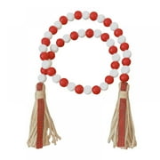 BOLLSLEY 36.2" Farmhouse Beads Wood Bead Garland Rustic Prayer Beads Boho Beads with Tassels Walling Hanging Garland for Rustic Country Decor (Red & White)