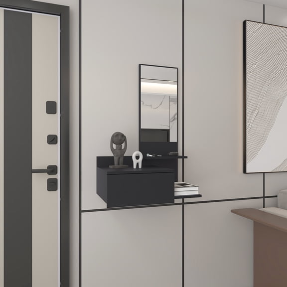 36.2" H Floating Hallway Cabinet In Black - 1 Drawer, 3 Shelves, Mirror & Stylish For Entryway Decor Hallways H, Modern Space Storage Unit