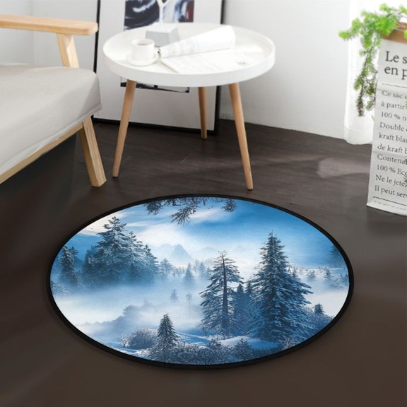 36.2 Inch Circular Floor Mat Polyester Non-Slip Carpet for Bedroom Living Room A Beautiful Winter Landscape