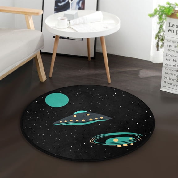 36.2 Inch Circular Floor Mat Polyester Non-Slip Carpet for Bedroom Living Room Alien Spaceship