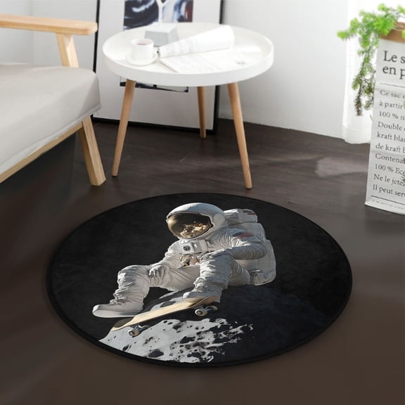 36.2 Inch Circular Floor Mat Polyester Non-Slip Carpet for Bedroom Living Room Astronaut on The Moon