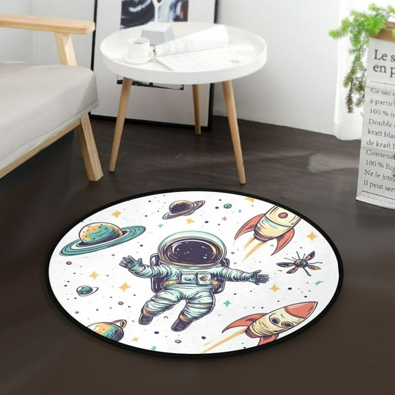 36.2 Inch Circular Floor Mat Polyester Non-Slip Carpet for Bedroom Living Room Astronauts Floating Around The Rocket